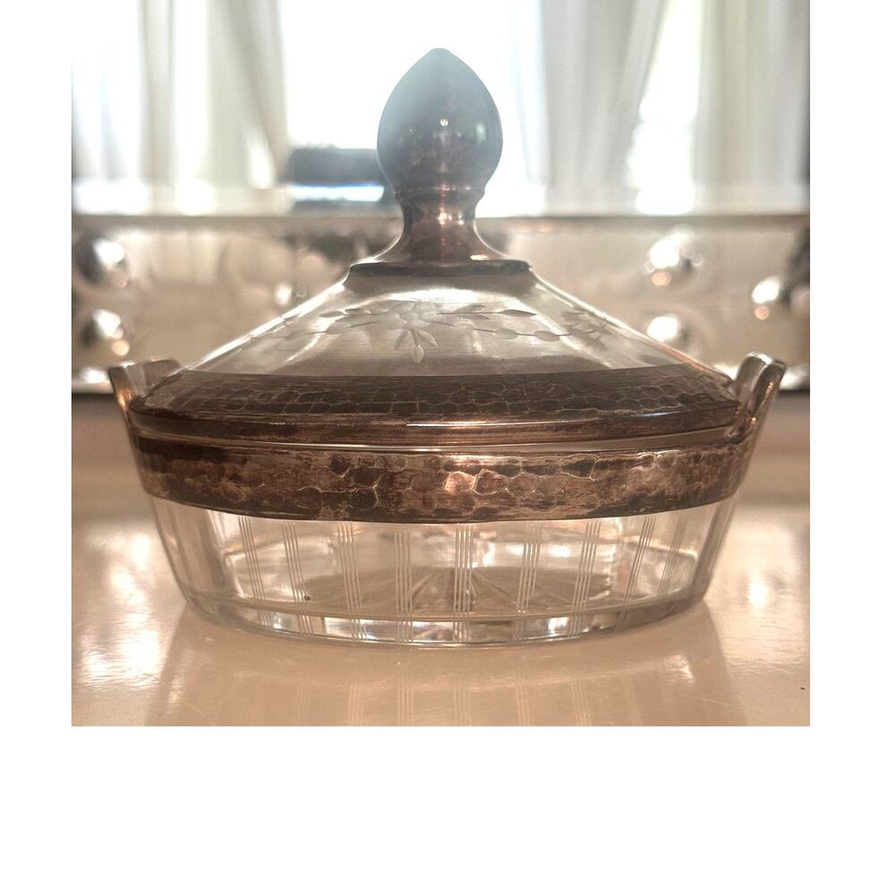 Vintage Mid Century Etched Silver Plated Covered Crystal Candy Dish